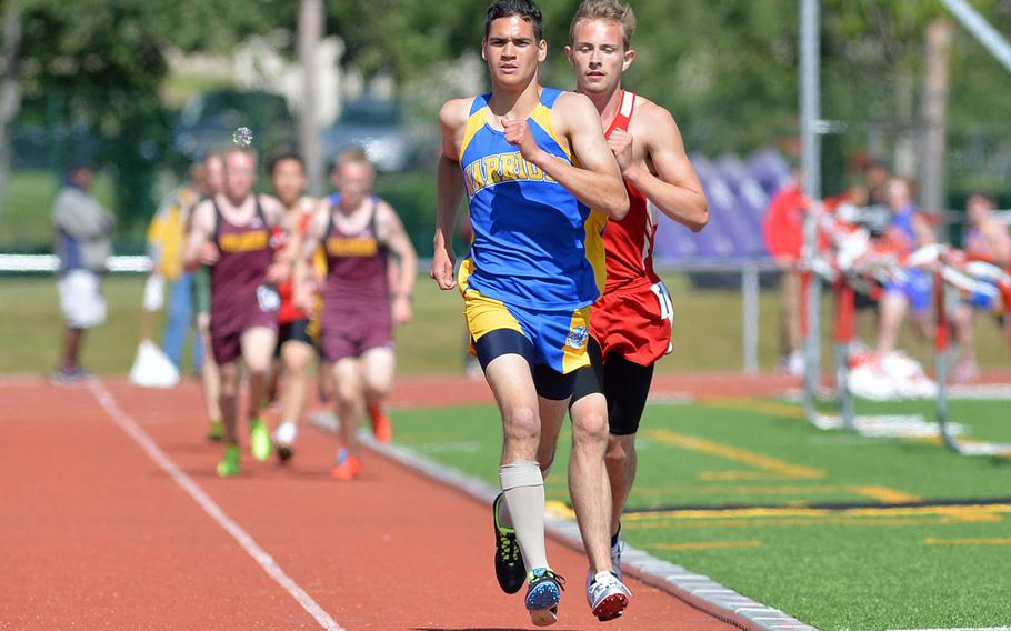 Wiesbaden's Alex Wieman won the 3200-meter run ahead of Kaiserslautern's Michael Close in 10 minutes, 1.33 seconds at the DODDS-Europe track and field championships in Kaiserslautern, Germany, Saturday, May 24, 2014.