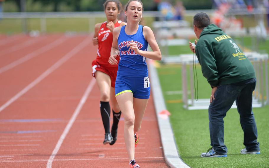 Ramstein's Madison Morse won the girls 1600-meter run in 5 minutes, 12.48 seconds, a new DODDS-Europe record. Behind her is Kaiserslautern's Shanice Harmon who finished second.