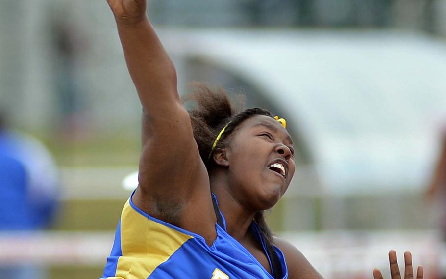 Bamberg's Damonique Lamons won the shot put event with a toss of 38 feet, 4.75 inches at the DODDS-Europe track and field championships in Kaiserslautern, Germany, Saturday, May 24, 2014.