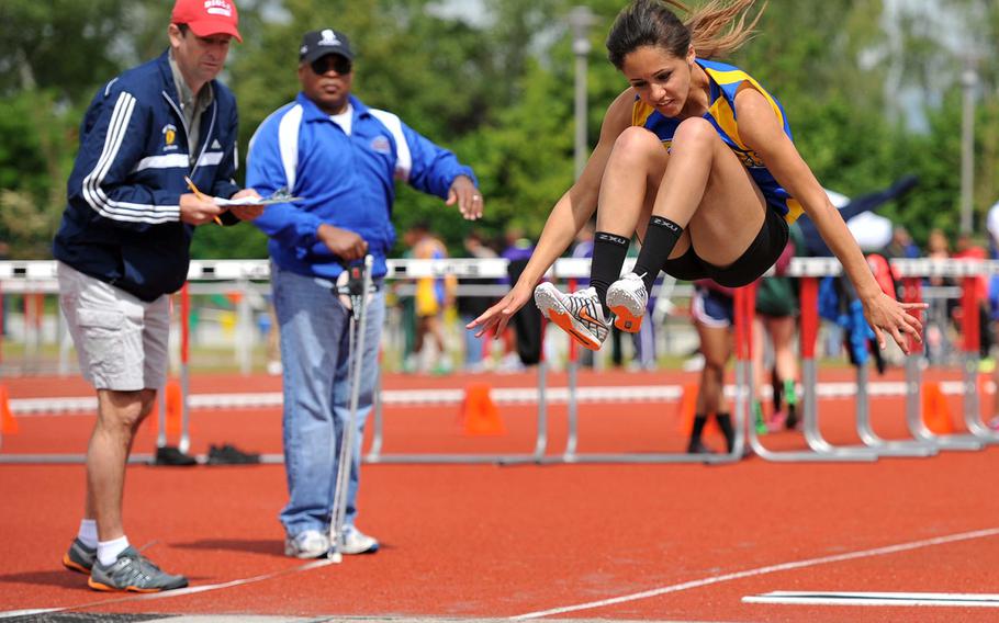 Wiesbaden's Amelya Hempstead won the girls long jump event with a leap of 16 feet, 0.25 inches at the DODDS-Europe track and field championships in Kaiserslautern, Germany, Saturday, May 24, 2014.