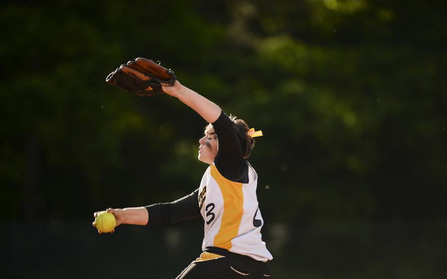 Vicenza's Megan Buffington pitches Saturday, May 24, 2014, in the DODDS-Europe Division II championship game at Ramstein, Germany. Vicenza beat Naples 10-2.
