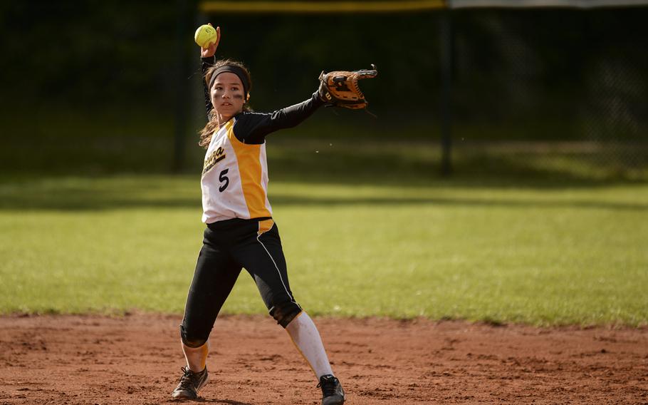 Vicenza's Marika Witt throws toward first base Saturday, May 24, 2014, in the DODDS-Europe Division II championship game at Ramstein, Germany. Vicenza beat Naples 10-2.

