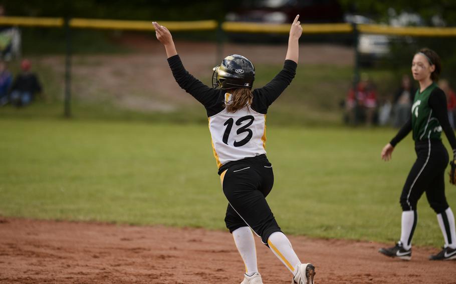 Vicenza's Cynthia Goodwin runs the bases after hitting a home run over the right field fence Saturday, May 24, 2014, in the DODDS-Europe Division II championship game at Ramstein, Germany. Vicenza beat Naples 10-2.