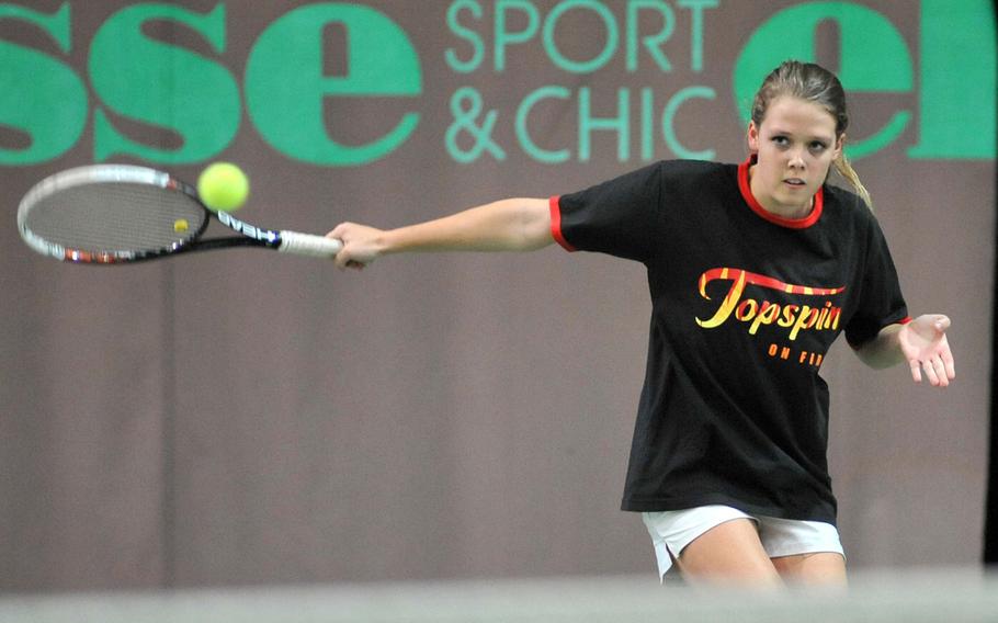 Wiesbaden's Jade Sullivan slices the ball across the net on her way to beating ISB's Anouchka Laurent Josi 6-2, 7-5 in last season's girls singles final at the DODDS-Europe tennis championships in Wiesbaden, Germany. Sullivan will be returning this season to try to defend her crown.