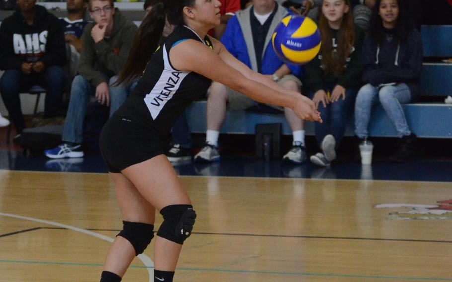 Vicenza's Gabriela Campos bumps the ball off an Aviano serve Saturday, during a match at Aviano Air Base, Italy.The Saints won two matches back-to-back, 3-1.
