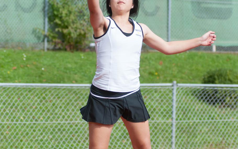 Patch's Jasmine McCook extends for a volley during her tennis match against Chloe Witty, Saturday, Sept. 27, 2014. McCook won that match 7-4.