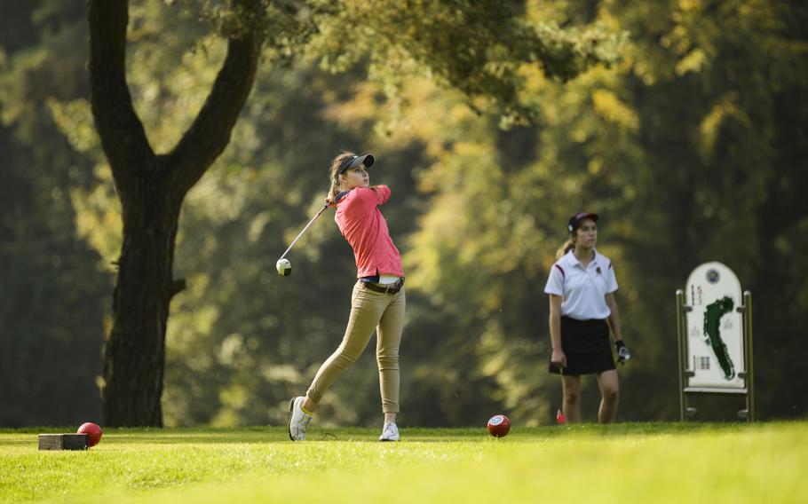 Ramstein's Megan Harvey tees off Thursday, Oct. 2, 2014 during the last regular season DODDS-Europe golf tournament at the Rheinblick Golf Course in Wiesbaden, Germany.