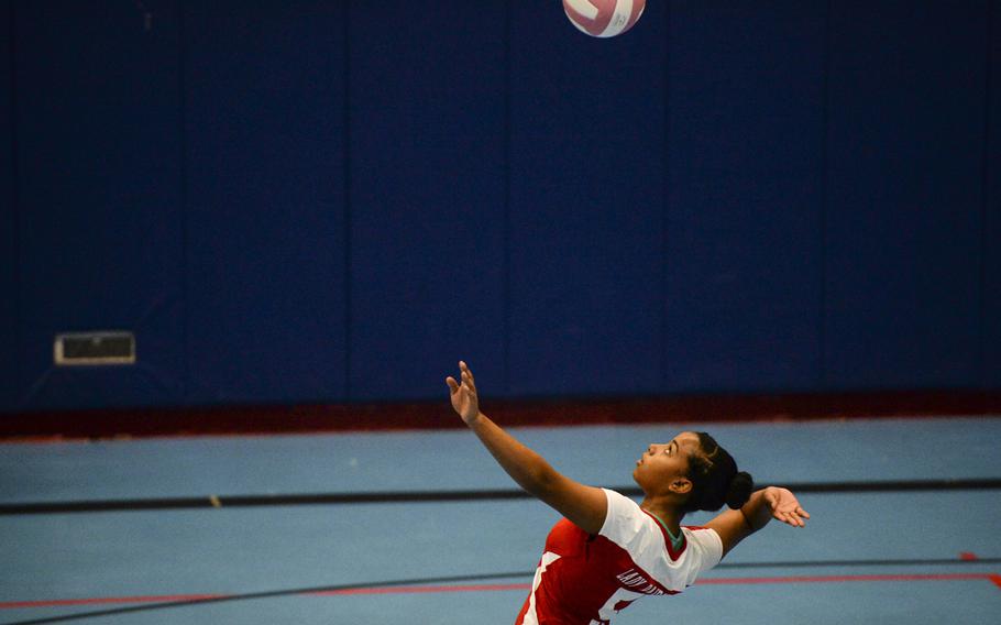 Kaiserslautern's Tori Liggins serves the ball Saturday, Oct. 4, 2014 during a volleyball match against Lakenheath at Ramstein, Germany.
