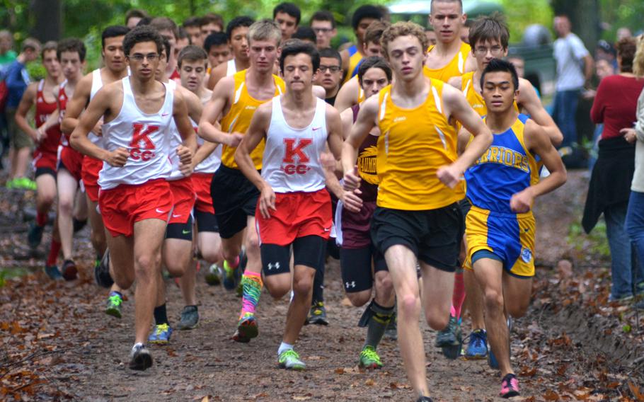 Patch's Mitchell Bailey leads the pack and eventually takes first place with 17 minutes, 14 seconds, Saturday at a DODDS-Europe cross country meet in Wiesbaden, Germany. 