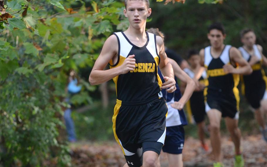 Vicenza cross country runner Landon Sattezahan participates in a meet Saturday against Aviano at San Giovanni, Italy. Sattezahan finished third with a time of 20 minutes, 34 seconds.
