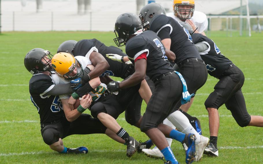Hohenfels' defense had an up-and-down game, giving up 20 points against SHAPE during a DODDS-Europe Division II quarterfinals game, Oct. 18, 2014 at Hohenfels, Germany.  