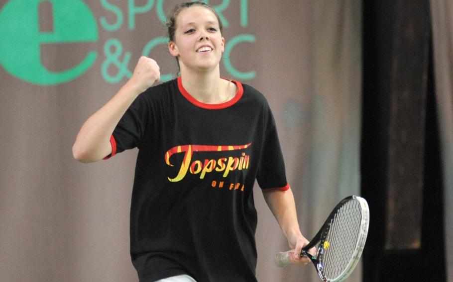 Wiesbaden's Jade Sullivan celebrates after winning the girls singles final at the DODDS-Europe tennis championships in Wiesbaden, Germany, last year. She will be back to try to defend her title when this year's championships get underway Thursday.