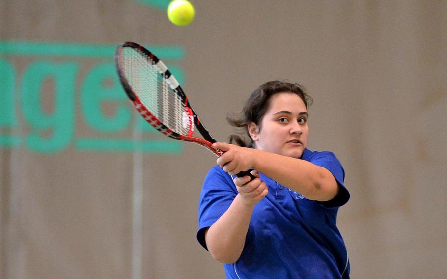 Laura Yedigaryan of Brussels returns a shot by AOSR's Morgane Peeters in an opening day match at the DODDS-Europe tennis championships in Wiesbaden, Germany, Thursday, Oct. 23, 2014. Yedigaryan  won 6-1, 6-3.


