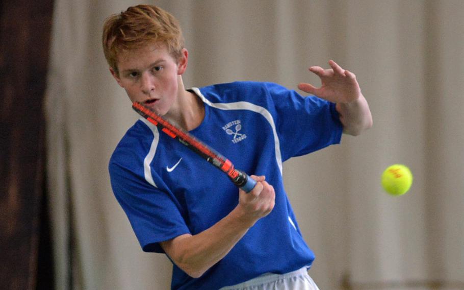 Ramstein's Logan Beckman returns a shot in his 6-0, 6-1 win over Vicenza's Alex Hanes in an opening day match at the DODDS-Europe tennis championships in Wiesbaden, Germany, Thursday, Oct. 23, 2014.