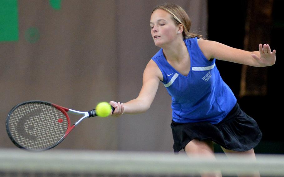 Incirlik's Camden Anderson returns a shot in her match against Wiesbaden's Jade Sullivan in an opening day match at the DODDS-Europe tennis championships in Wiesbaden, Germany, Thursday, Oct. 23, 2014. Sullivan, the defending champion won 6-0, 6-0.