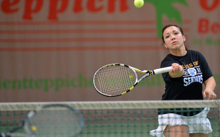 Wiesbaden's Peyton Taylor returns an AFNORTH shot in a semifinal match at the DODDS-Europe tennis championships in Wiesbaden, Germany, Friday Oct. 24, 2014. Taylor and teammate Jackie Renzi won the match 7-6 (7-5), 6-4 to advance to Saturday's final against ISB.