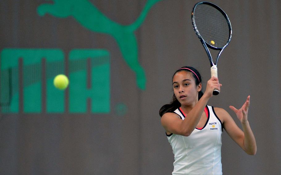 Patch's Marissa Encarnacion returns a shot in in a semifinal match at the DODDS-Europe tennis championships in Wiesbaden, Germany, Friday Oct. 24, 2014. She defeated Ramstein's Alexi Aldinger and will face teammate Marina Fortun in Saturday's final.
