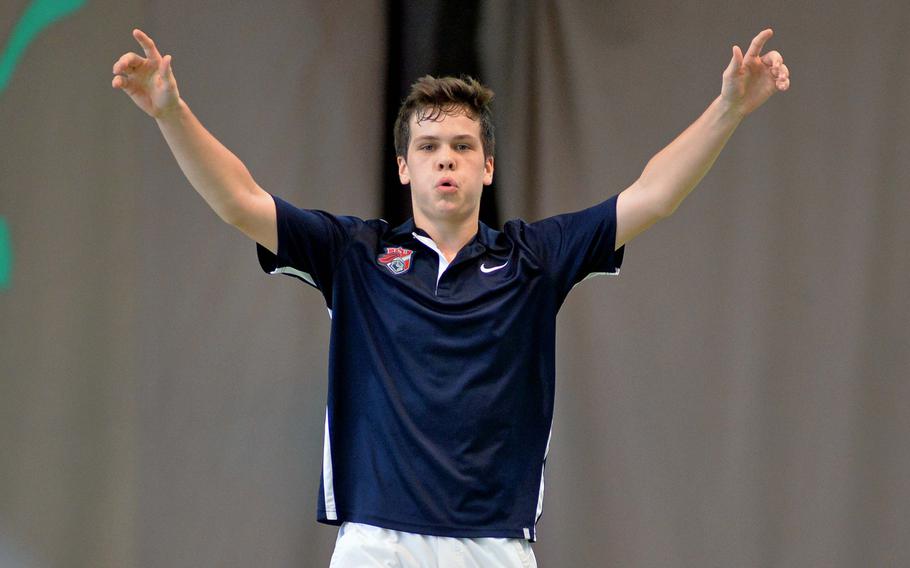 ISB's Fabian Sandrup Selvik celebrates his 6-1, 6-3 win over George Shaffer of Naples in the boys singles final at the DODDS-Europe tennis championships in Wiesbaden, Germany, Saturday, Oct. 25, 2014.