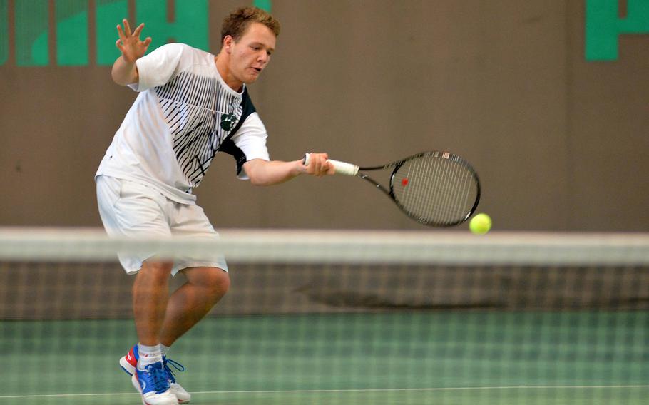 George Shaffer of Naples returns a shot from ISB's Fabian Sandrup Selvik in the boys singles final at the DODDS-Europe tennis championships in Wiesbaden, Germany, Saturday, Oct. 25, 2014. Shaffer lost the match 6-1, 6-3.