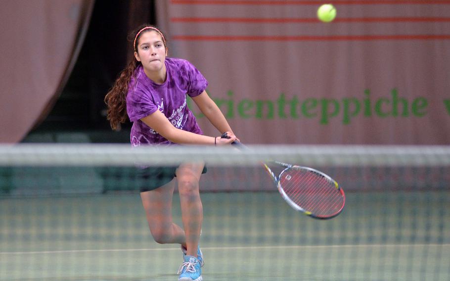 Patch's Marina Fortun returns a shot from teammate Marissa Encarnacion in the girls single final at the DODDS-Europe tennis championships in Wiesbaden, Germany, Saturday, Oct. 25, 2014. Encarnacion won 6-1, 6-1.