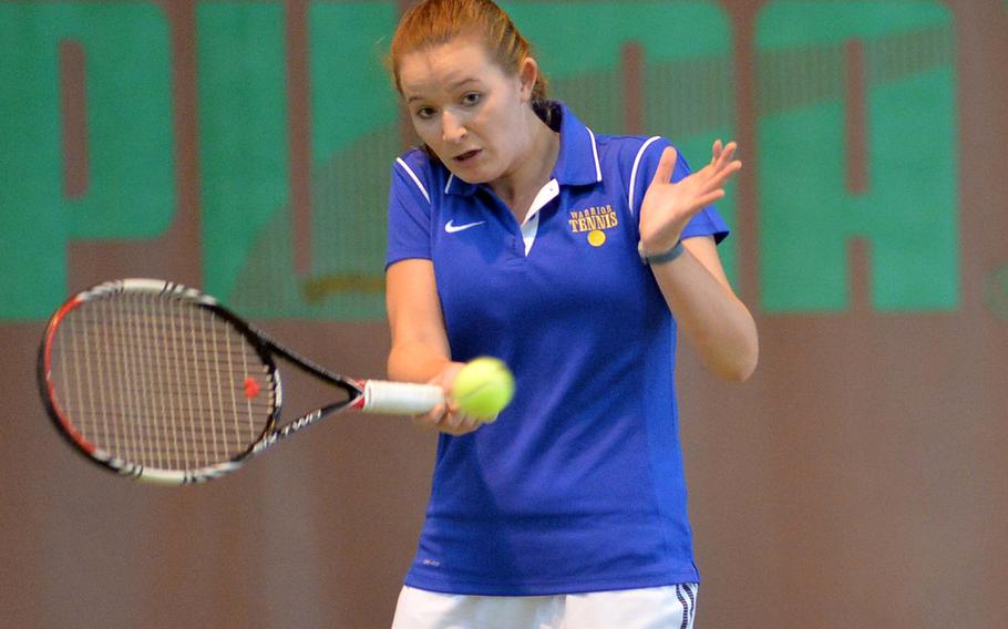 Wiesbaden's Jackie Renzi returns a shot  in the girls doubles final at the DODDS-Europe tennis championships in Wiesbaden, Germany, Saturday, Oct. 25, 2014. Renzi and teammate Peyton Taylor lost to the ISB duo of Maya Yoshihashi and Megumi Ogasawara 6-1, 7-5.