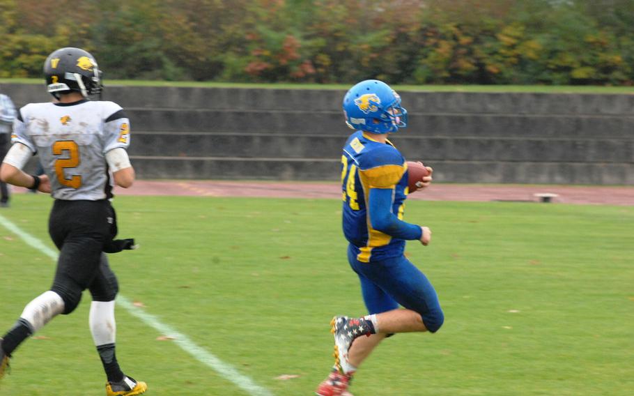 Ansbach's Tyler Benton scores the first touchdown of the game late in the second quarter in Ansbach's 32-12 victory Saturday at Gray Stadium in Ansbach, Germany. 