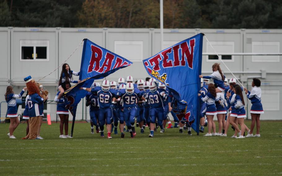 Ramstein's Royals bust through a banner Saturday, Oct. 25, 2014, before the start of their DODDS-Europe Division I semifinal against Patch. 