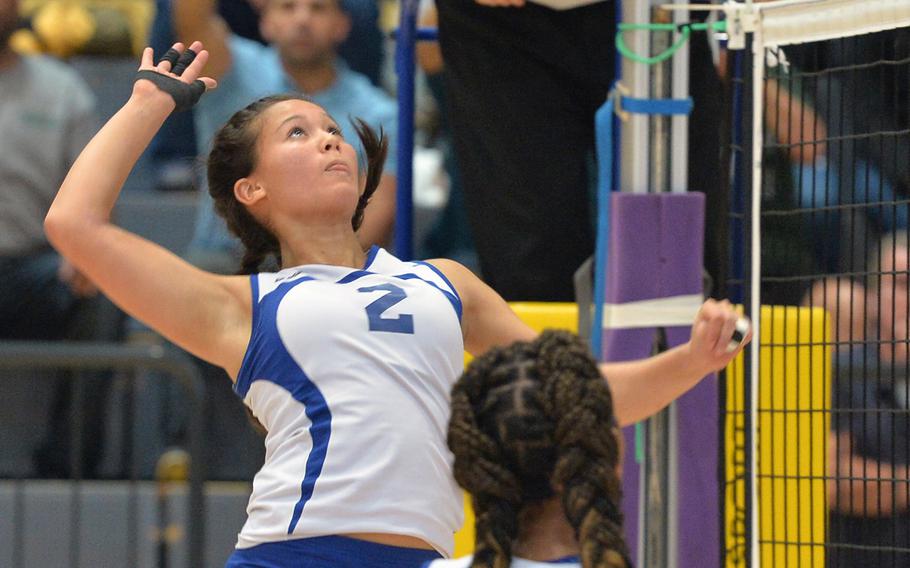 Wiesbaden's Leah Rojas concentrates on the ball in the Division I final against Naples at the DODDS-Europe volleyball championships in Ramstein, Germany, Saturday, Nov. 1, 2014. Rojas has been named the Stars and Stripes volleyball Athlete of the Year.