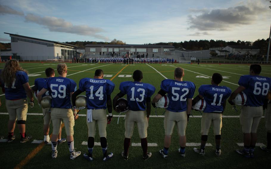 The North All-Stars line up for the national anthem before the 2014 DODDS-Europe all-star game Saturday, Nov. 8, 2014.