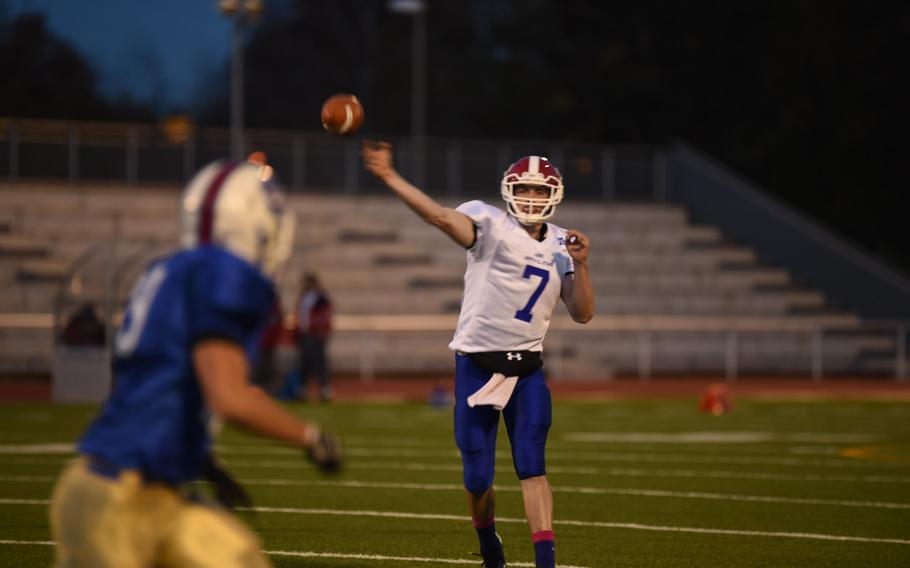 Kaiserslautern's Bridger Hawkins, playing for the South All Stars, passes into coverage Saturday, Nov. 8, 2014, in the DODDS-Europe all-star game.