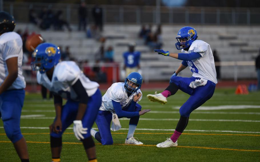 Ansbach's Brandon Piccinini boots in an extra point for the South All Stars in the DODDS-Europe all-star game Saturday, Nov. 8, 2014.