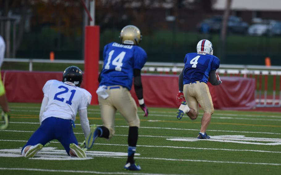 Ramstein's Ben Ciero, playing for the North All Stars, runs back a pick six in the DODDS-Europe all-star game Saturday, Nov. 8, 2014.