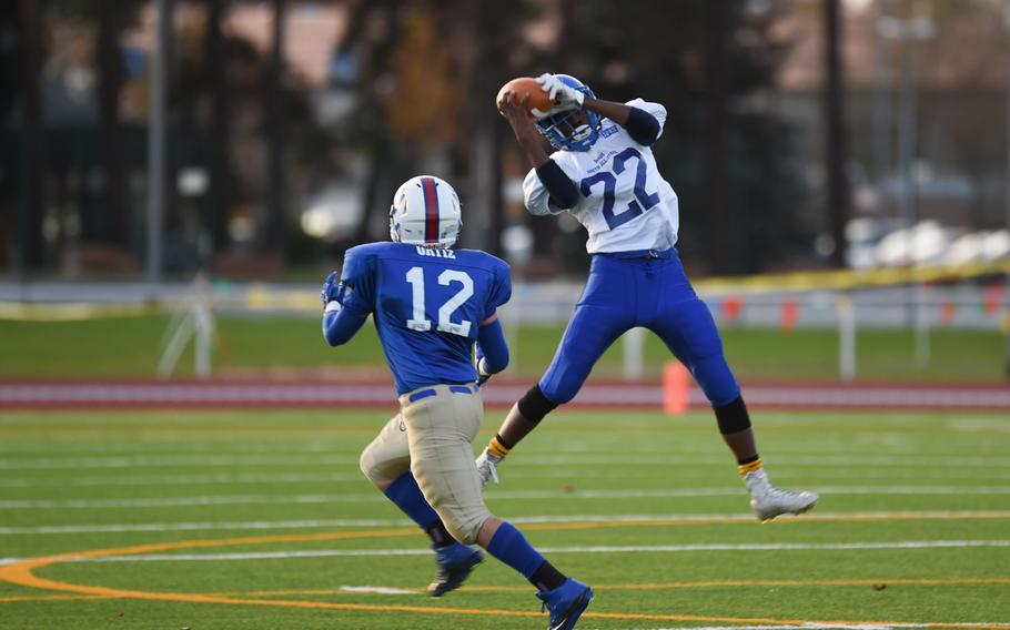 South All-Stars' Roger Brownell of Ansbach comes down with a pass Saturday, Nov. 8, 2014, in his team's 20-14 victory over the North All Stars in the 2014 DODDS-Europe football all-star game.