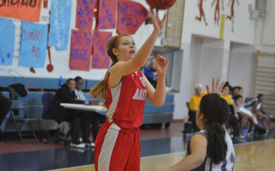 AOSR's Alison Cook puts up two of her game-high 20 points Saturday in the Falcons' 36-21 victory over Ansbach.