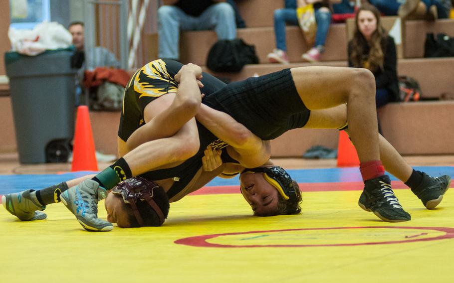 Vilseck's Mikhael Ragay lost this match against Patch's Matthew Bolduc, a  defending DODDS European champion, by pin on Jan. 24, 2015. 