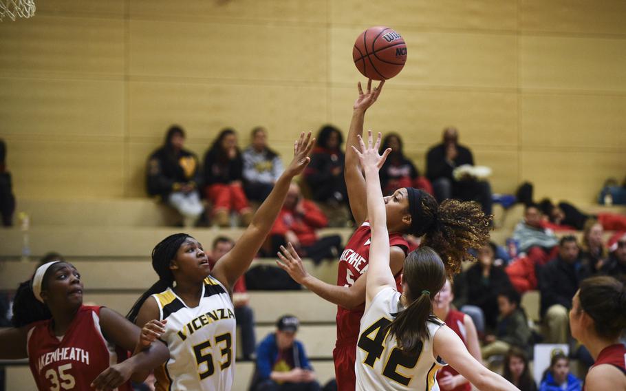 Lakenheath's Adrianna Ruffin shoots a runner against Vicenza in the first day of DODDS-Europe tournament play, Wednesday, Feb. 18, 2015.