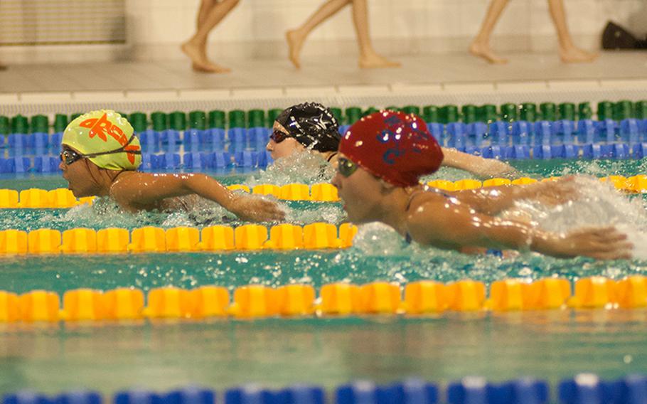 During the initial leg of the 10-year-old girls' 200-meter individual medley, Kayl Vilescas lead Grace Wagner and Sydney Lema, on Sunday, March 1, 2015r. Rota's Wagner ended up winning the heat.