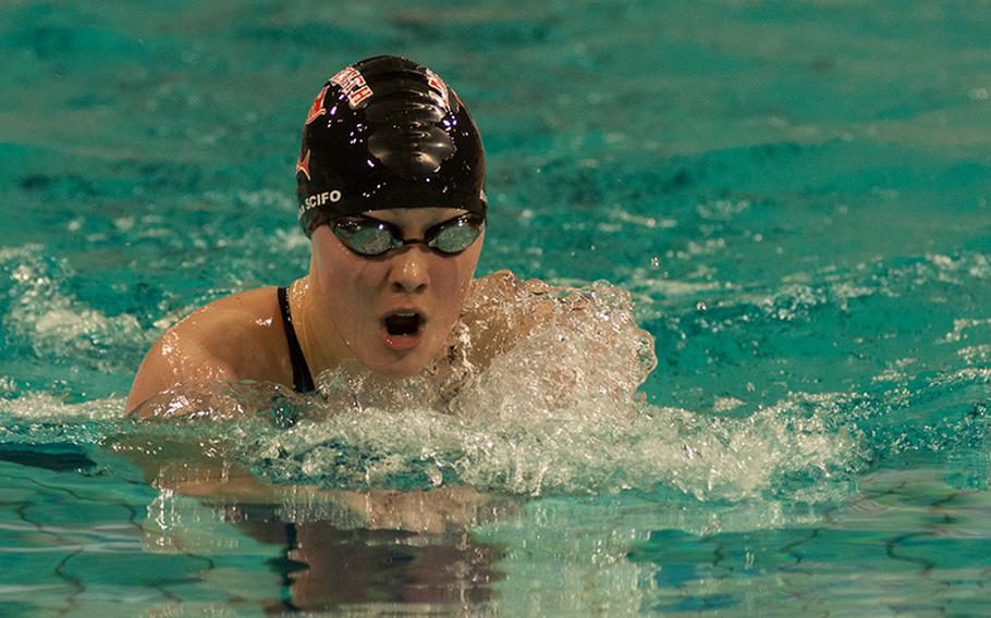 Lakenheath's Alaina Scifo had a nearly flawless weekend at the 2015 European Forces Swim League championships held in Eindhoven, Netherdlands, Feb. 28-March 1, 2015. Scifo won gold in all but one event.