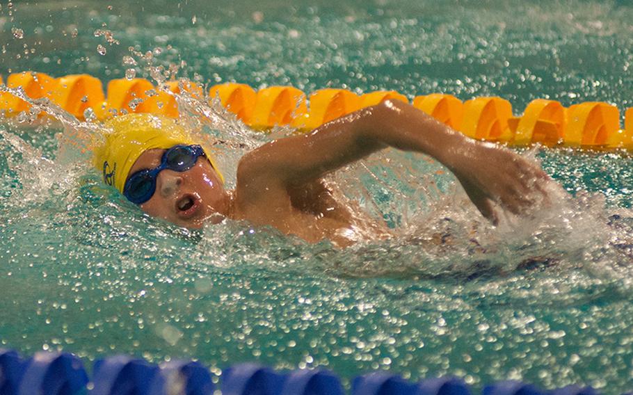Sigonella's Ezra Andres finished the 9-year-old boys' 100-meter freestyle in 1 minute 29.36 seconds during the 2015 European Forces Swim League championships held in Eindhoven, Netherlands, Sunday, March 1, 2015.
