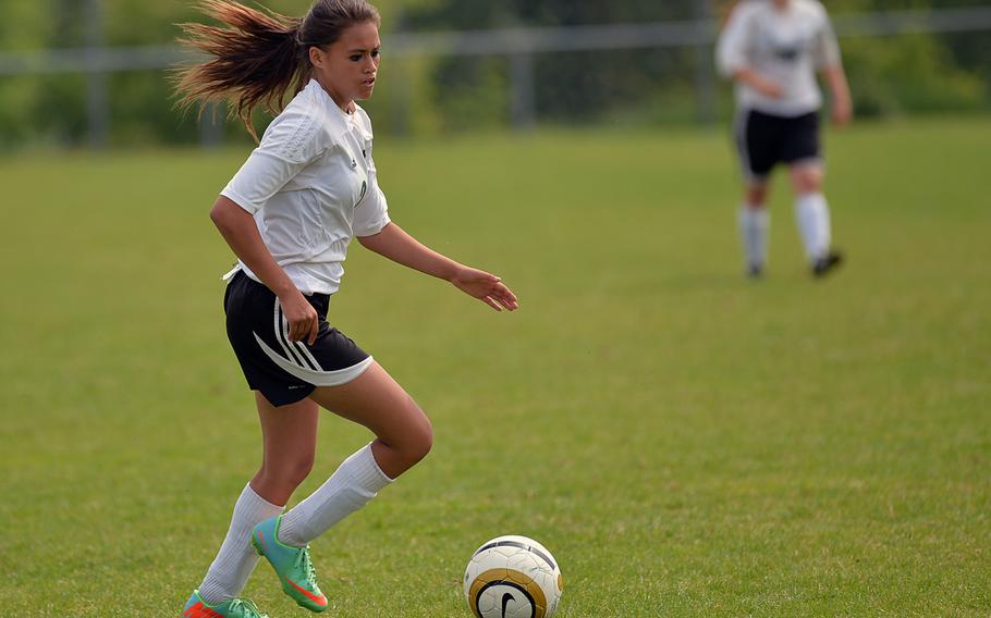 Jill Thurston of Naples drives the ball upfield in a Division II game at the DODDS-Europe soccer championships in Reichenbach, Germany, Wednesday, May 21, 2014. Thurston will be returning for the Wildcats who have moved up to Division I this year.


