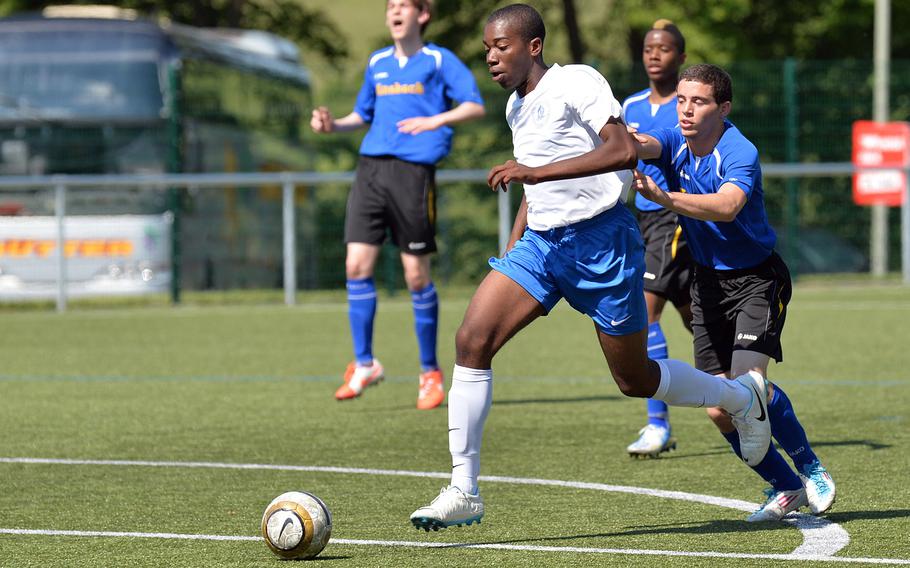 Marymount's Lotanna Mba gets away from the Ansbach defense for a run on the goal in a opening day Division II match at the DODDS-Europe soccer championships in Reichenbach, Germany, May 19, 2014. Mba will be returning this season for the DII champions