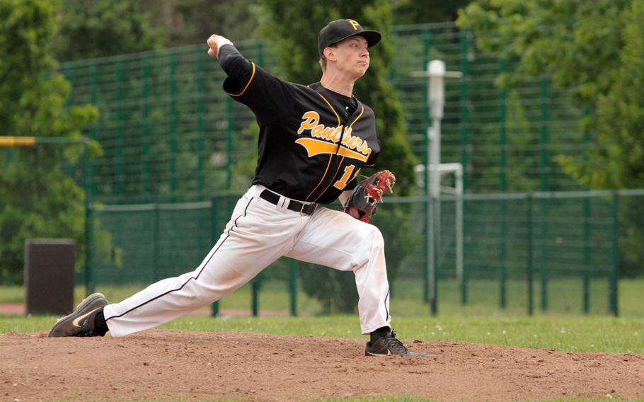 Patch pitcher Andrew Buxkemper hurls the ball in last season's DODDS-Europe Division I baseball championship game. Buxkemper will be returning for the Panthers this season.