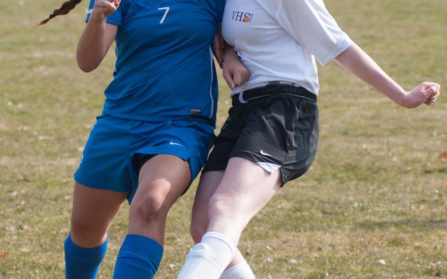 April Baik scored the first of seven goals for the Ramstein Royals, during their 7-0 victory over Vilseck during the DODDS-Europe Division I soccer opener, Mar. 21, 2015.