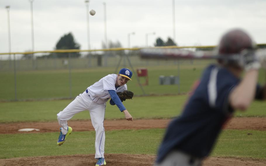 Wiesbaden's Dylan Blackmon pitches against Lakenheath's Brandon Moorehead during a baseball game on Saturday, March 28, 2015, at RAF Feltwell, England. The two schools each took home one victory from the double header.