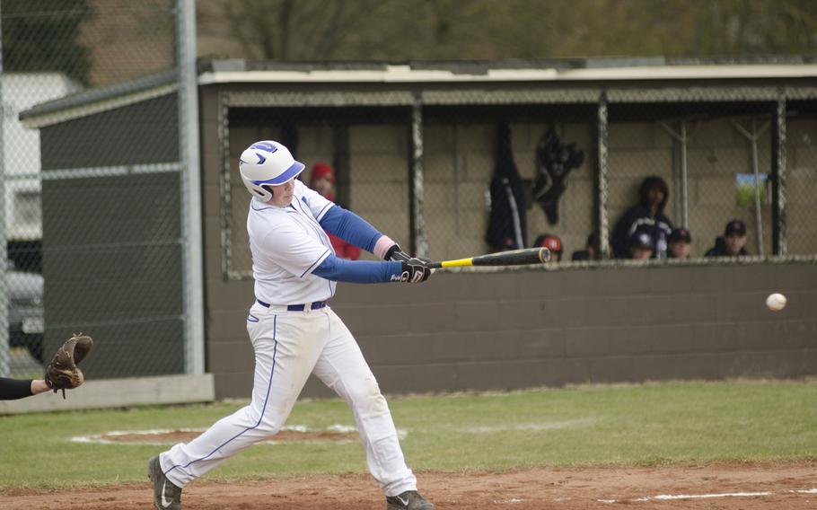 Wiesbaden's Corbin Saucedo bats against Lakenheath during a Saturday, March 28, 2015, game at RAF Feltwell, England. Wiesbaden won the first game 8-5.