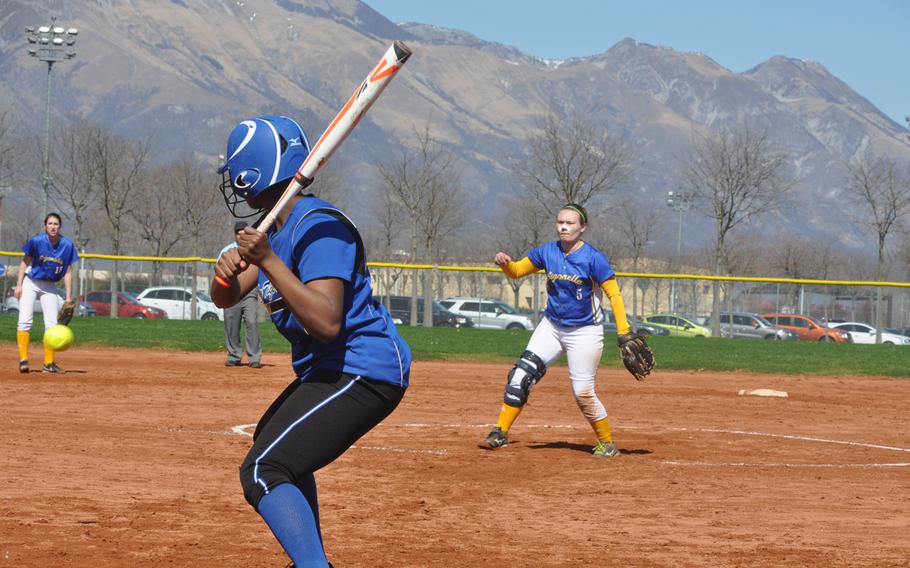 Sigonella pitcher Hanna Barnes didn't get the called strike she was hoping for against Hohenfels. But the Jaguars rallied for a 24-9 victory Saturday at Aviano Air Base, Italy.