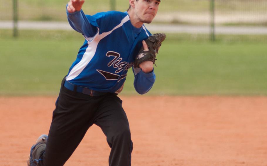 Jared Johnson started for the Hohenfels Tigers in the second game of their doubleheader against Bitburg, April 18, 2015. Johnson had a rough game striking out one and walking three as his team fell to the Barons, 12-11. 