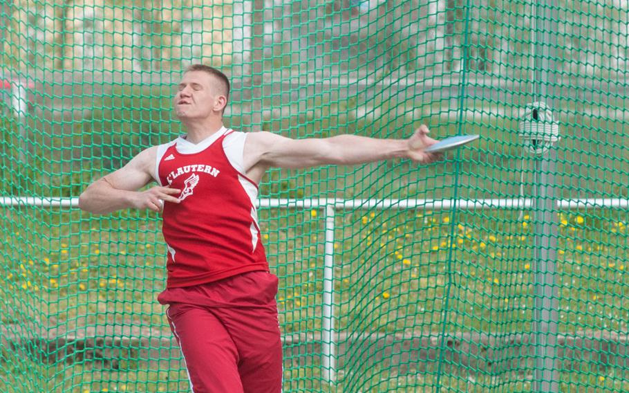 Kaiserslautern's Wesley Donhauser took home first in the discus and shot put events at a DODDS-Europe track meet held in Regensburg, Germany, April 25, 2015. 