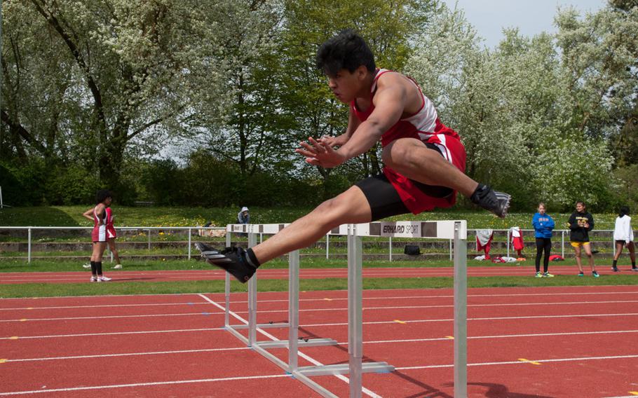 A.J. Maldonado, one of the Kaiserslautern's stars during Saturday's track meet in Regensburg, Germany, clears a hurdle with ease. Maldonado came in second in the 300 meter hurdle and first in the 110 meter event. 