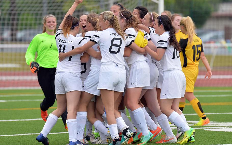 The Ramstein Royals celebrate their 1-0 win over Patch in the Division I final at the DODDS-Europe soccer championships in Kaiserslautern, Germany, Thursday, May 22, 2014. Ramstein and Patch have played for the DODDS-Europe Division I girls soccer crown every year since 2011. The teams have alternated titles over that span, with Patch winning in 2011 and 2013 and Ramstein winning in 2012 and 2014. 